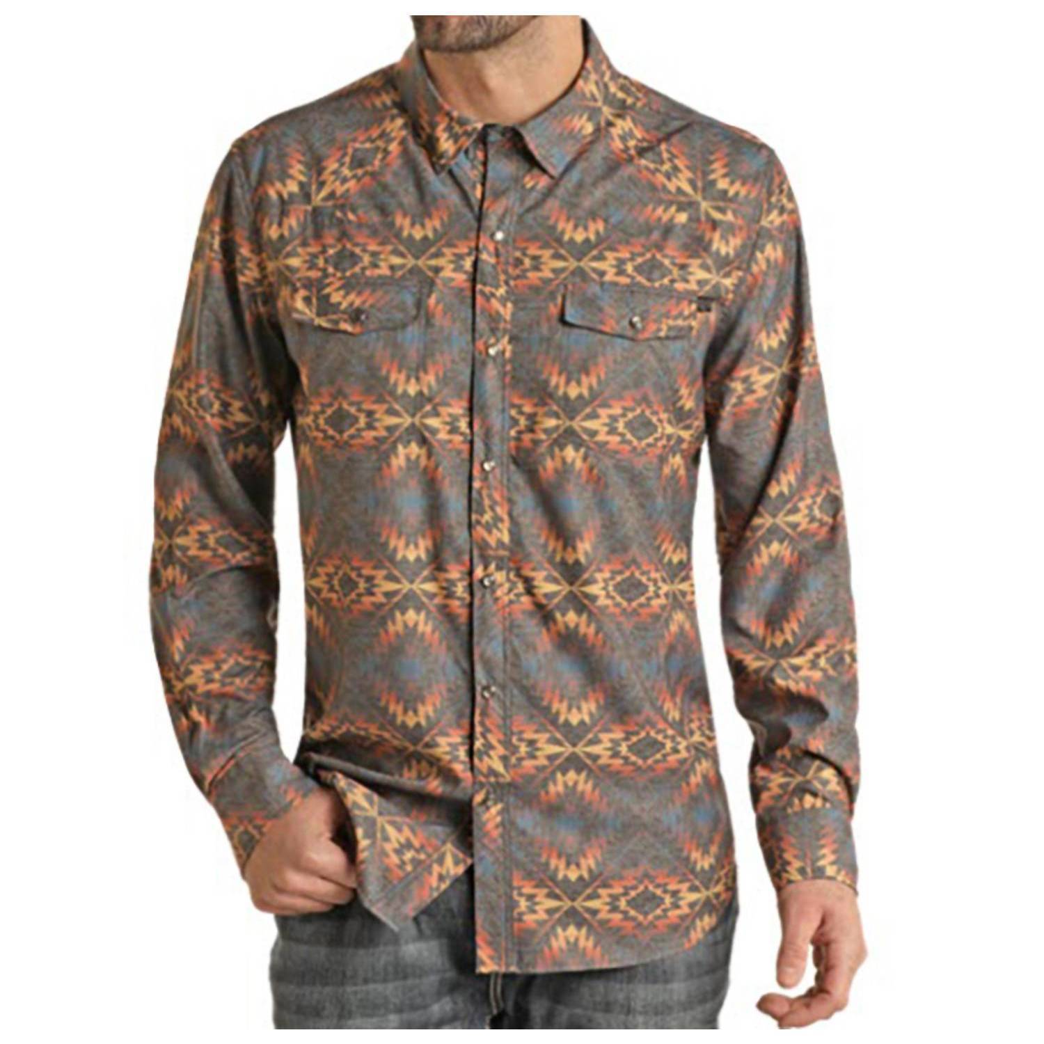 New Rock & Roll Denim Aztec Ripstop Tek-Western Snap Shirt In Charcoal/Multi